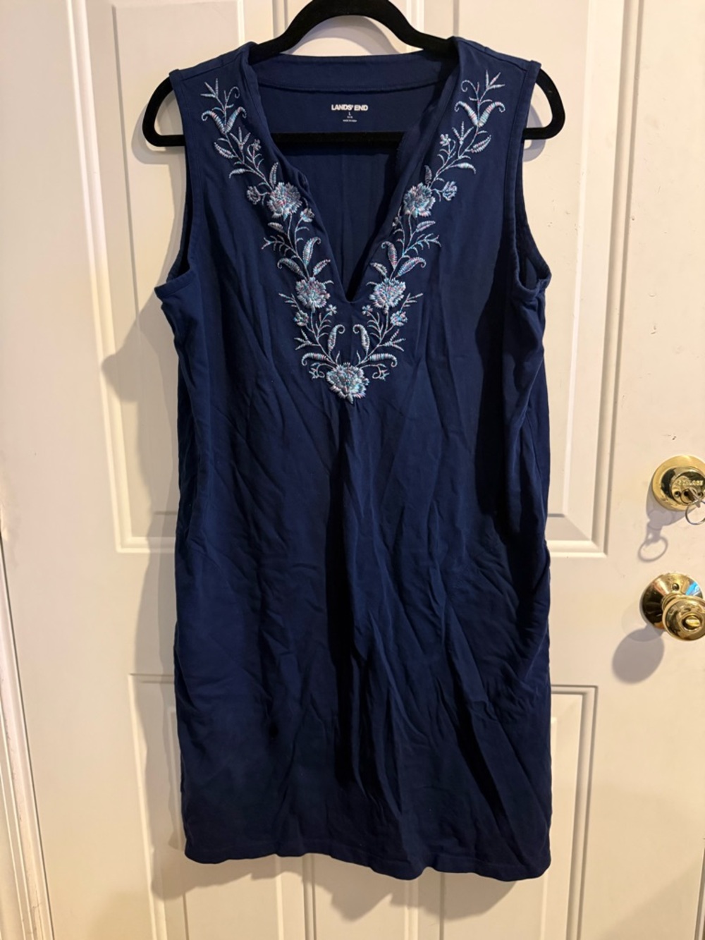 Lands' End Navy Sleeveless V-Neck Dress with Blue Floral Embroidery swim coverup